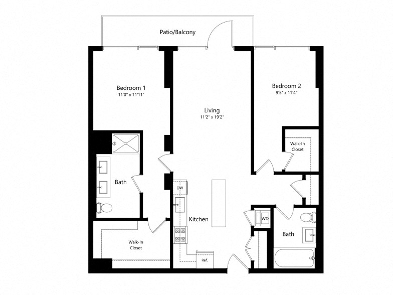 Floor plan for 2 beds, 2 baths, 910 sqft